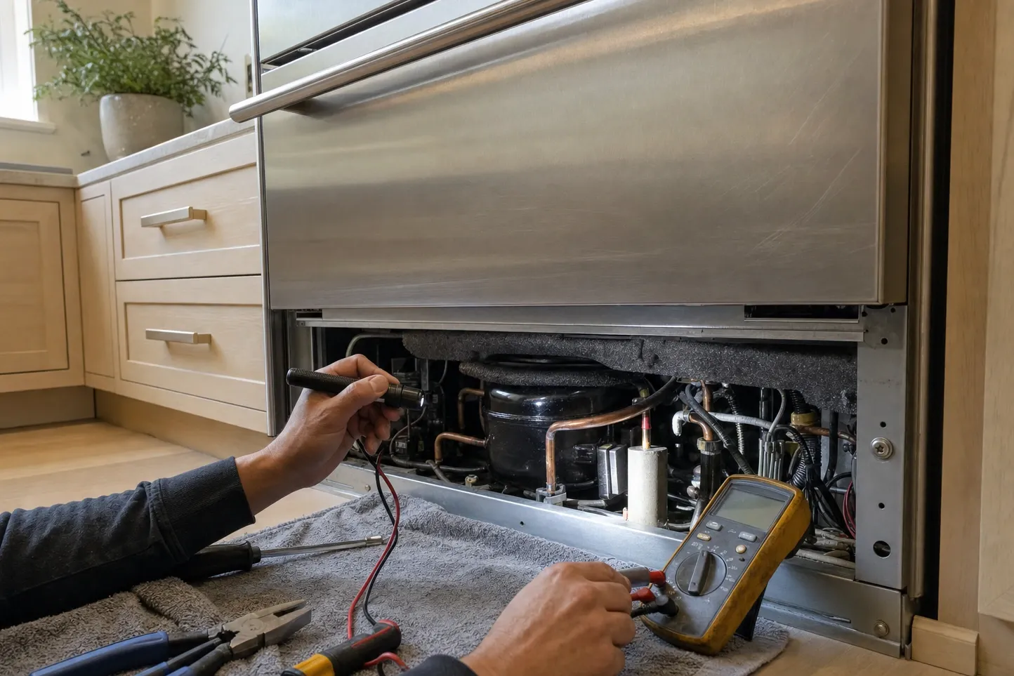 Machine compartment open under a stainless drawer front in an oak kitchen, one hand holding a flashlight and the other a multimeter at the insulated compressor