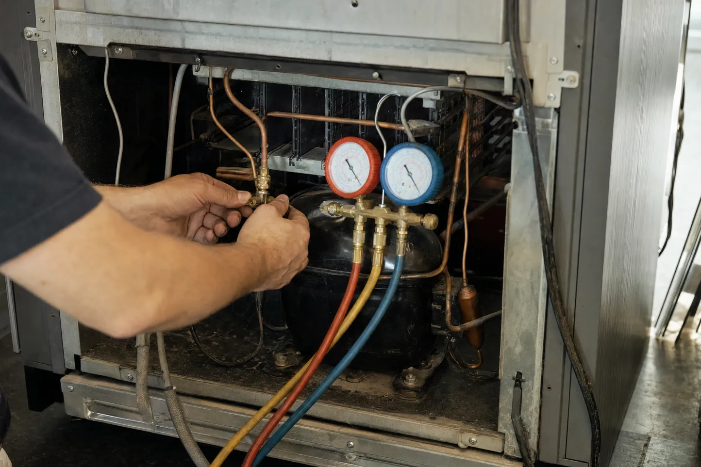 Manifold gauge set connected by three hoses to a service valve at the compressor, condenser coil above in the machine bay
