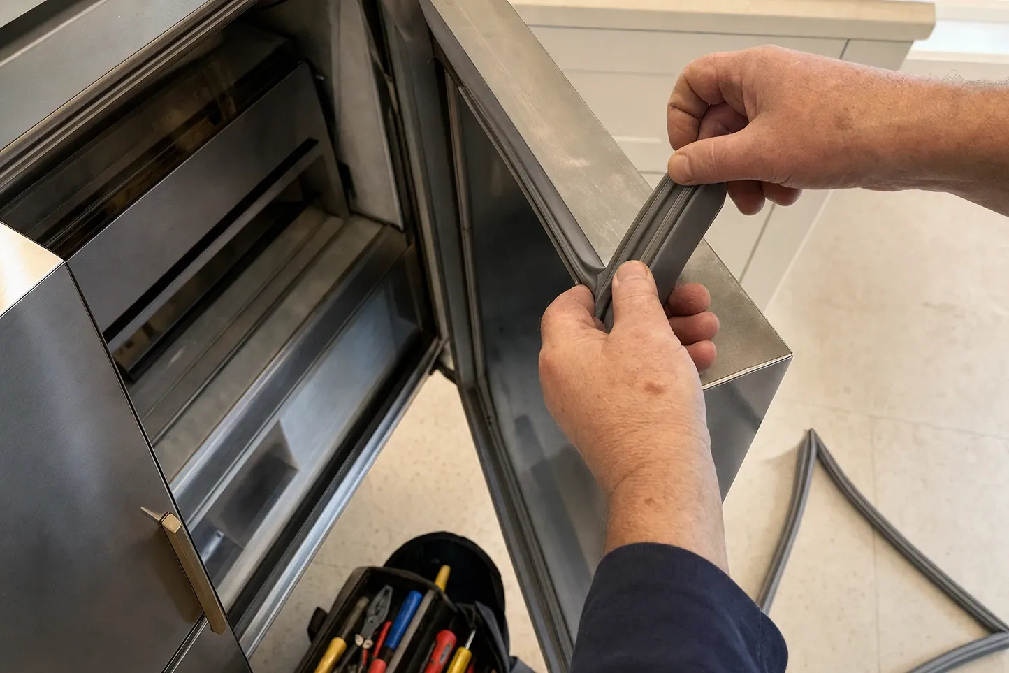 Hands pressing a grey flexible gasket into the retaining channel around the edge of a stainless door, the removed old seal coiled on the floor beside an open tool roll