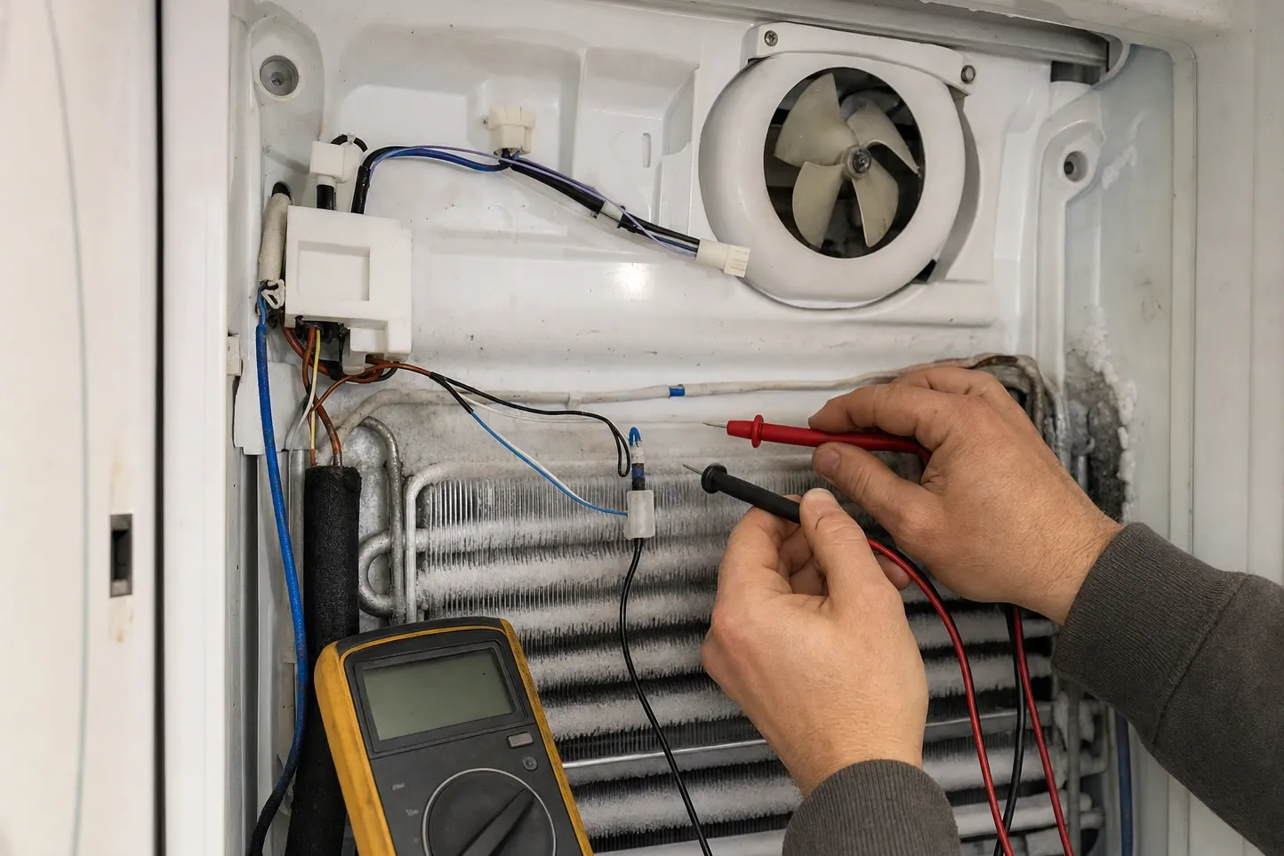 Hands holding red and black test probes at a wiring harness above a lightly frosted evaporator coil, a round fan housing at the top and a yellow multimeter resting on the fins